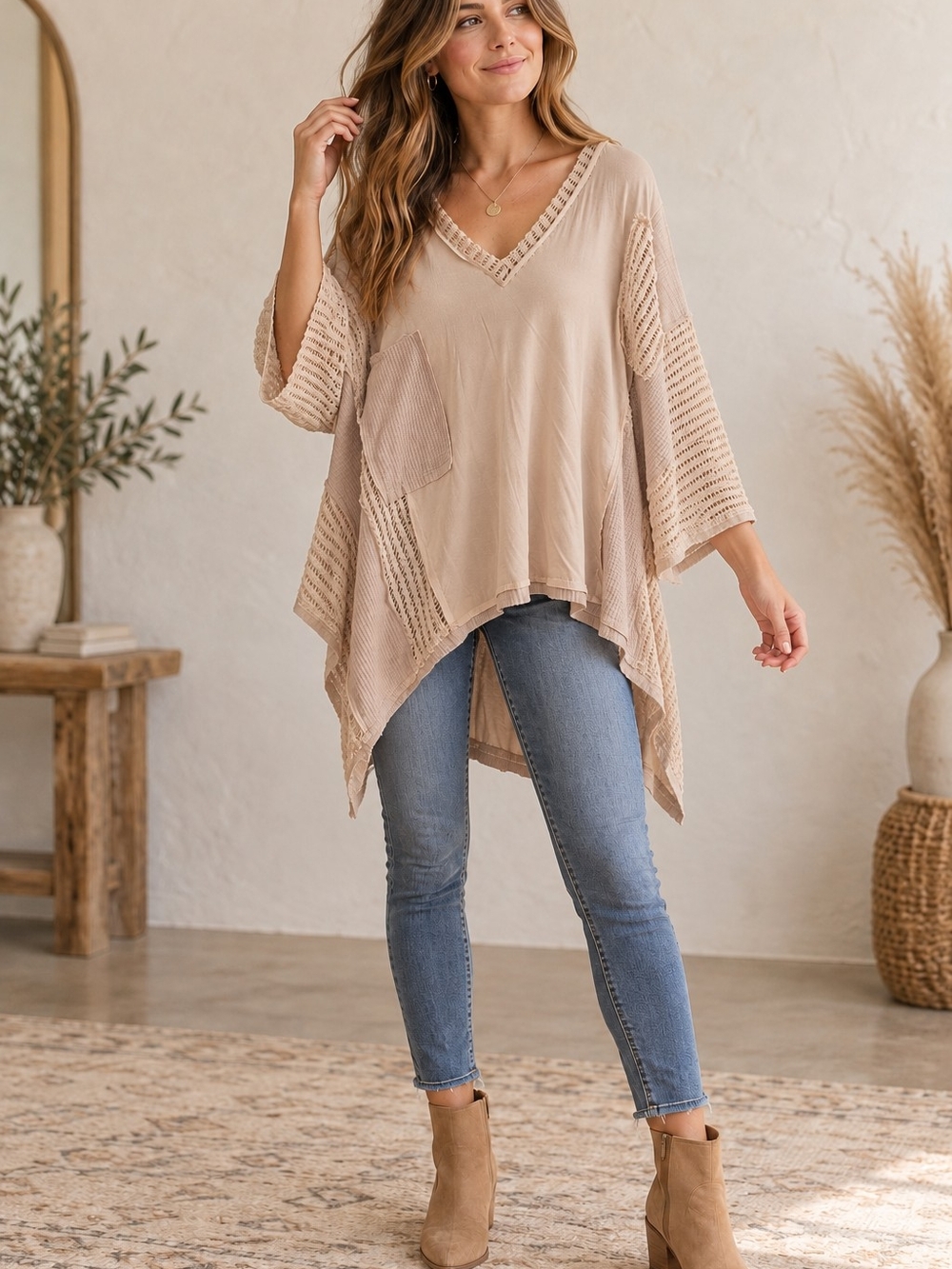 POL Light Beige V-Neck Crochet Sleeve Poncho Top